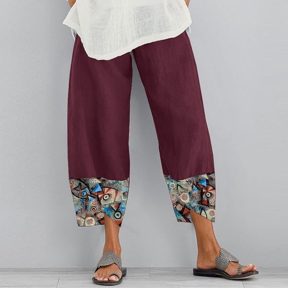ZANZEA Womens Printed Patchwork Trousers Casual Loose Straight Cropped Pants