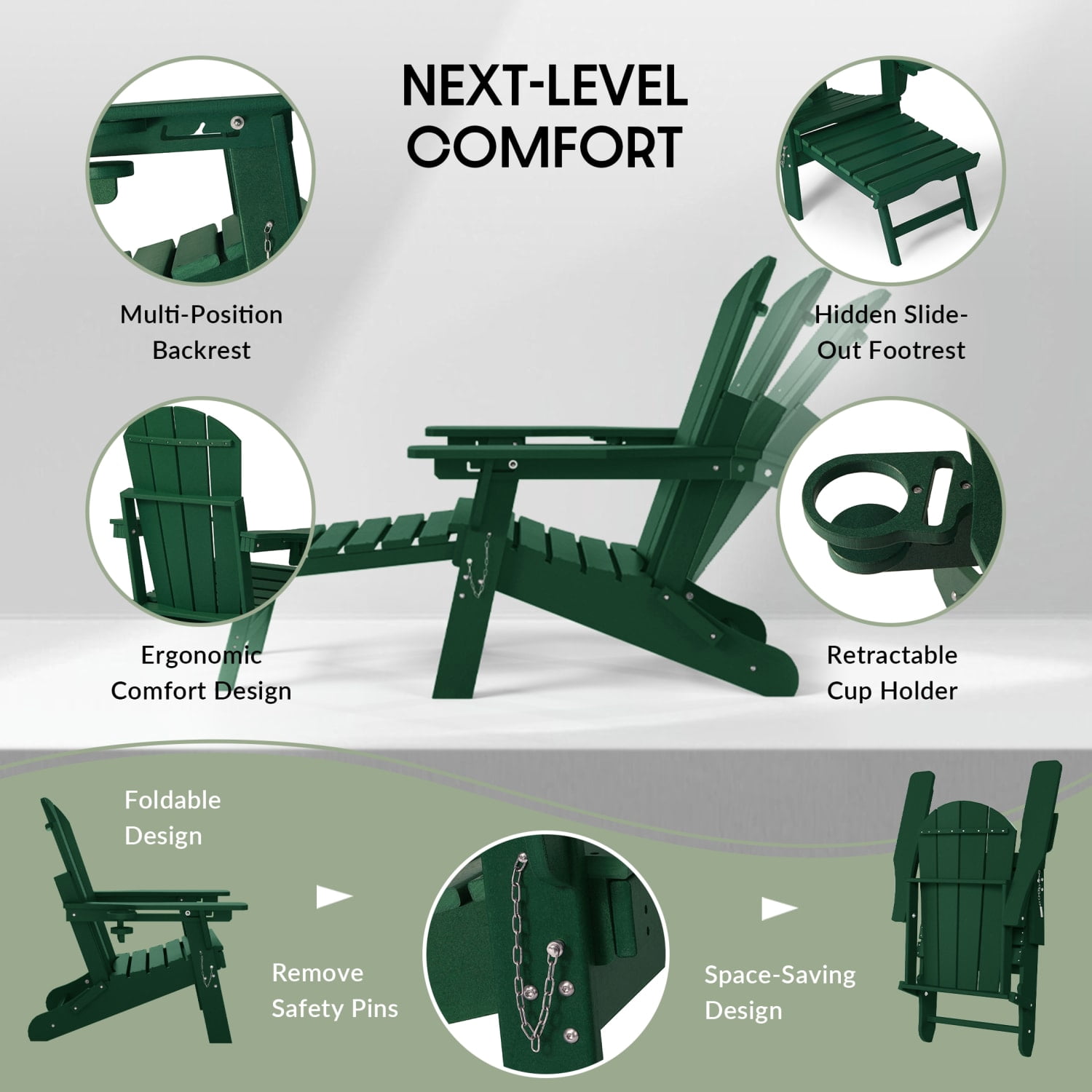 WestinTrends Malibu Folding Adjustable Adirondack Chair with Retractable Ottoman and Cup Holder, Dark Green