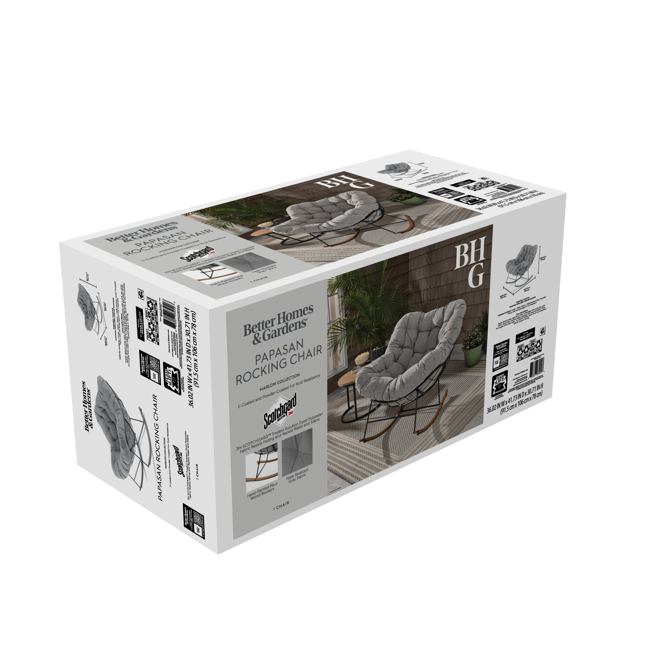 Better Homes & Gardens Marlow Papasan Outdoor Rocking Chair, Gray