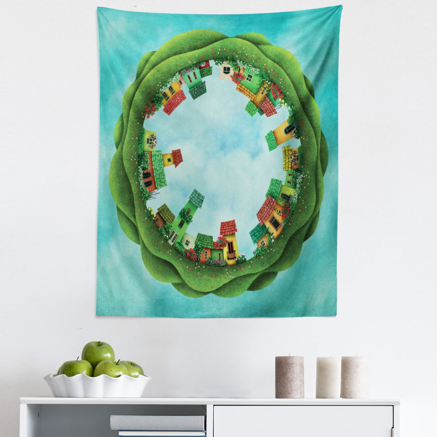 Fantasy Tapestry, Small Town Illustration Surrounded by Trees Eco Family Metaphor Theme Art