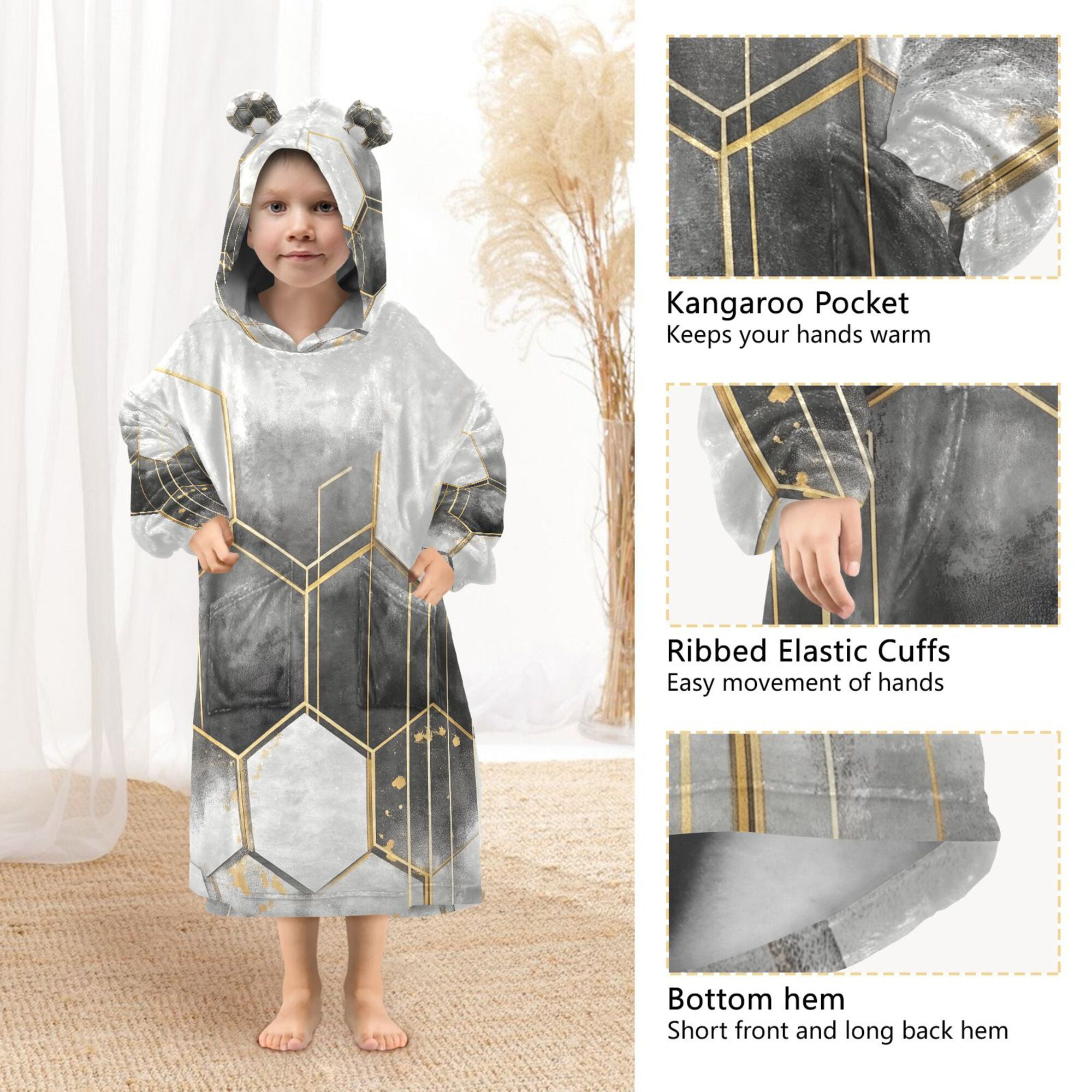 FORMRS Wearable Blanket Hoodie with Sleeves for Kids Cozy Flannel Sweatshirt, Gray Hexagons