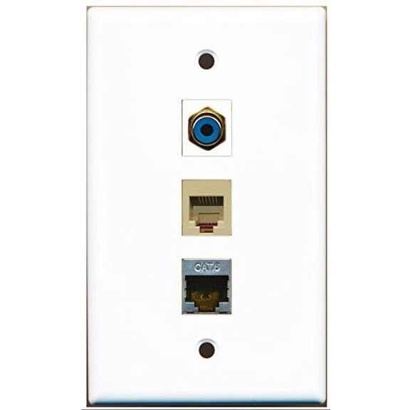 RiteAV - 1 Port RCA Blue and 1 Port Phone RJ11 RJ12 Beige and 1 Port Shielded Cat6 Ethernet Wall Plate