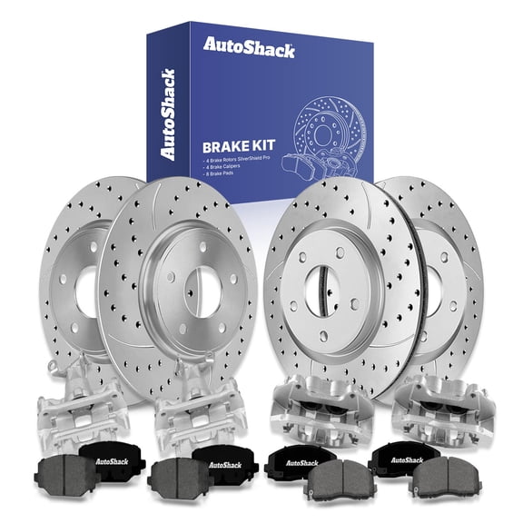AutoShack Front Vented & Rear Solid Drilled & Slotted Silver Zinc Coated Brake Rotors   Premium Ceramic Pads   Calipers 16-PC Brake Kit Replacement for 2012-2020 Dodge Journey SilverShield Pro