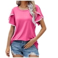 thumbnail image 2 of Summer Saving Wycnly Womens Tops Solid Short Sleeve Round Neck Tee Shirts Summer Lace Trim Petal Sleeve Loose Casual Tunic Blouses Hot Pink S Up to 65% off, 2 of 5