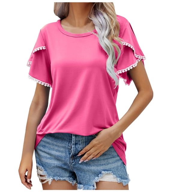 Timegard Hauts pour Femmes Été Col Rond Manches Courtes Pétale Blouses Confortables Chic Décontracté Tuniques