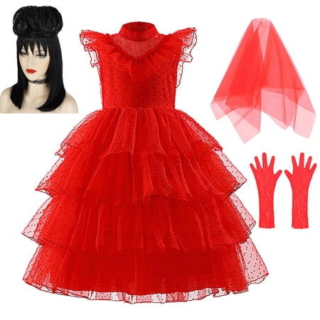 Phenas Lydia Deetz Costume for Girls Halloween Costumes Ghost Red Bride Wedding Dress Up Kids Christmas Party Cosplay 4-14Y