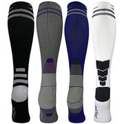 Youth Sport, Soccer, Football Long Compression Socks. Knee High 4 Pack for Kids and Youth; Boys & Girls Gift Set; Athletic Striped Assorted Colors: Black, White, Grey and Blue fits Ages 10-16.