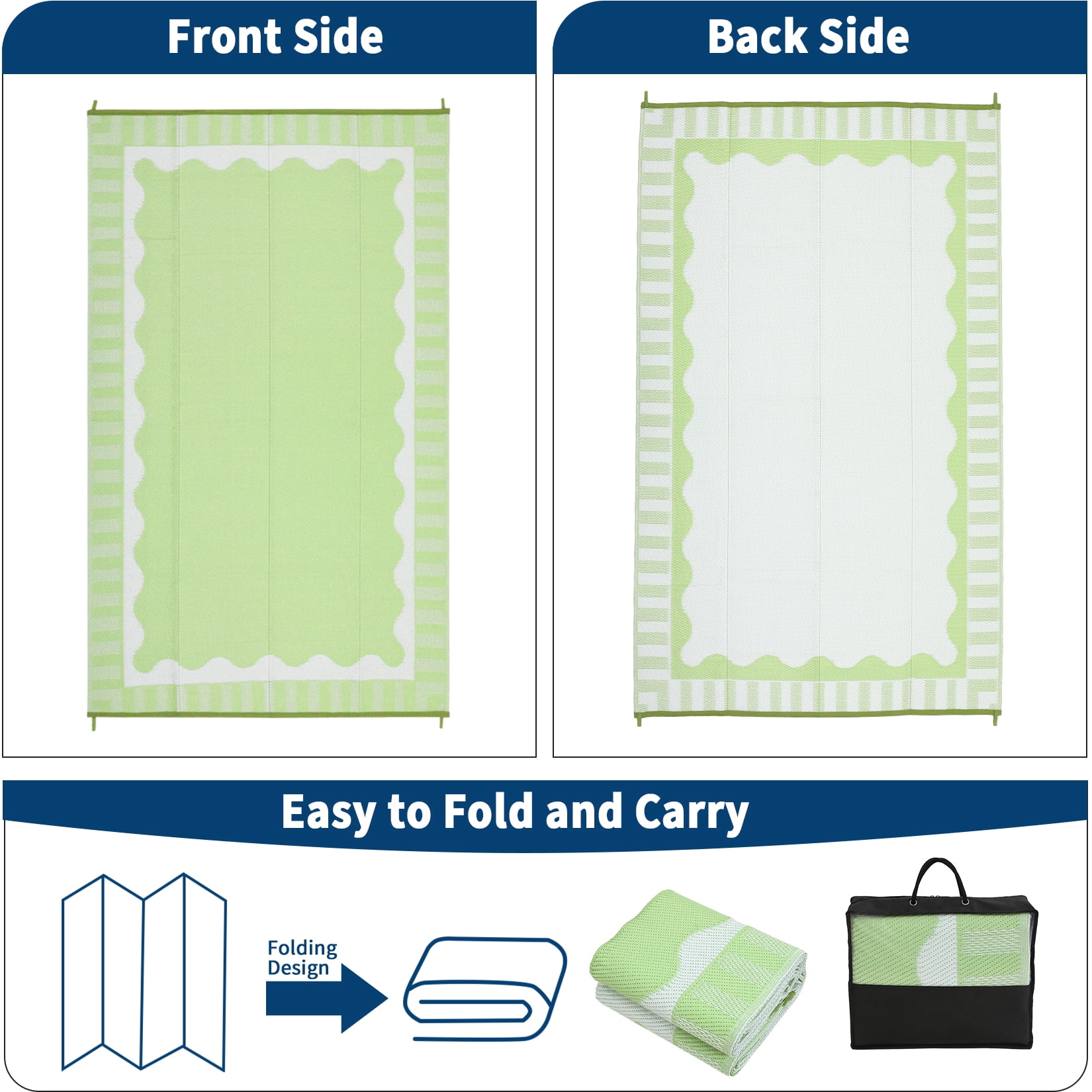 Garvee 9x12ft Outdoor Rug Modern Simple Reversible Area Rug, Plastic Straw Rug Waterproof Outdoor Carpet with Bordered Design for Patio Backyard Camping Beach RV Porch, Light Green