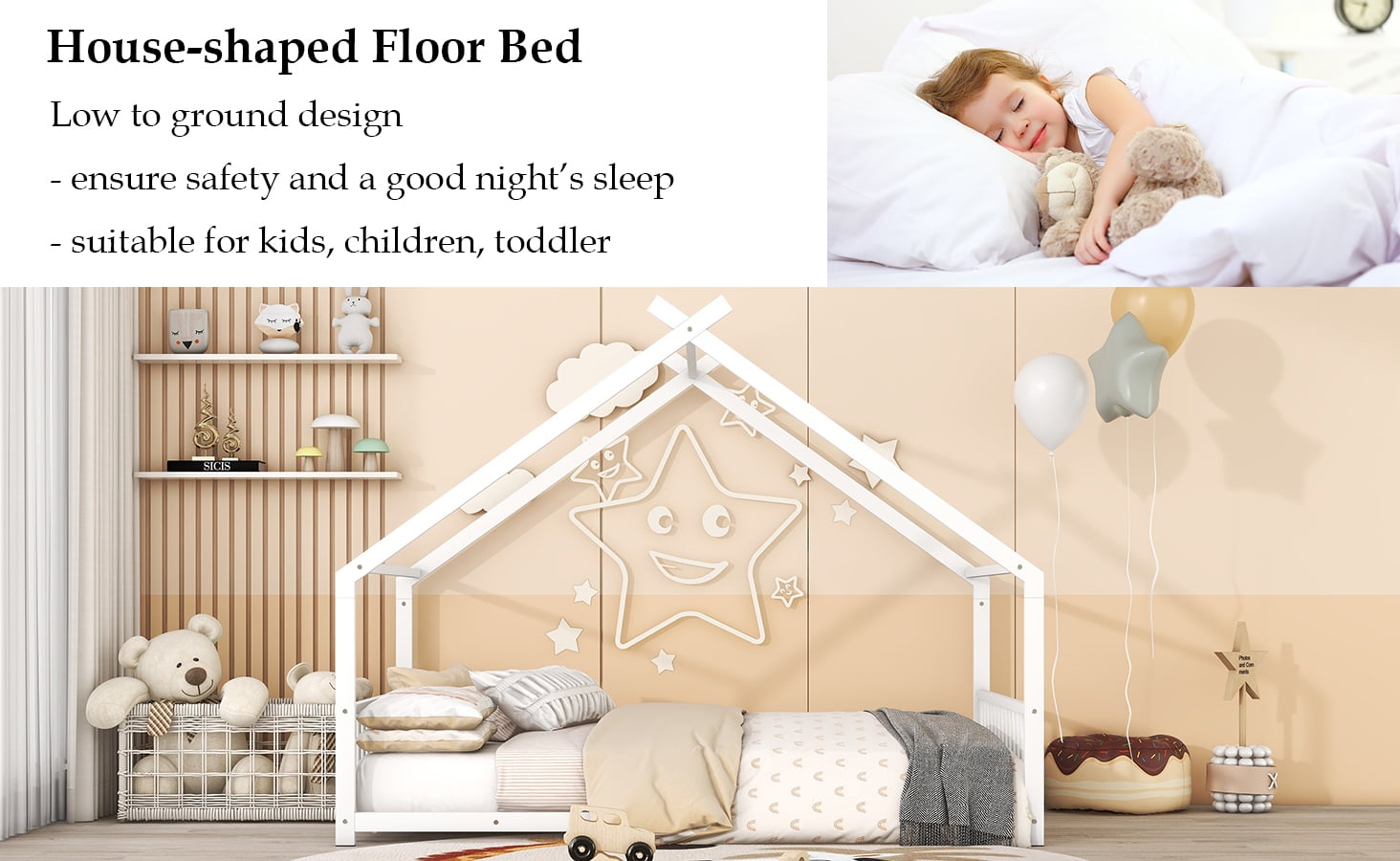 Bellemave Full Size Metal House Bed with Headboard and Footboard Montessori House Bed, Metal Floor Bed with Roof, No Box Spring Needed, White