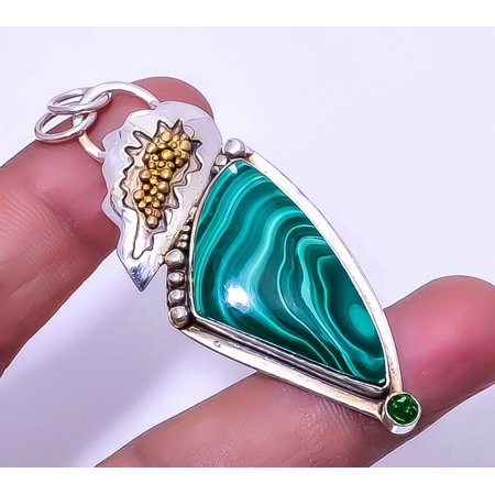 Malachite - Congo & Emerald 925 Sterling Silver Two Tone Pendant 2.57" A336, Christmas Gift, Gemstone Silver Jewelry, Malachite Pendant, New Year Sale