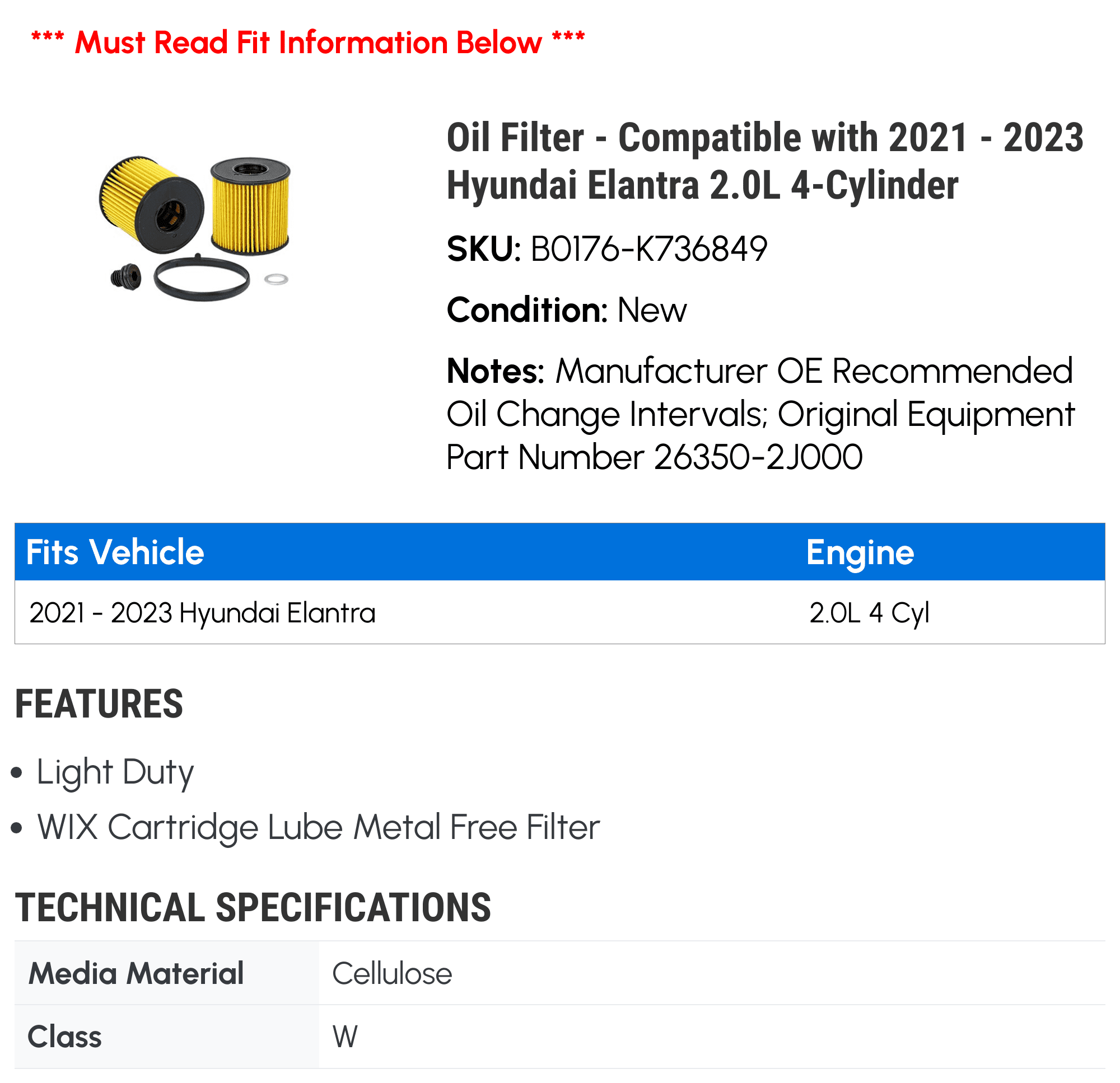 WIX Filters 26350-2J000 Motor Oil Filter Fits 2021-2023 Hyundai Elantra