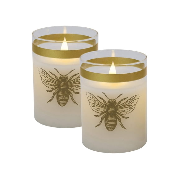 LumaBase Battery Operated LED Glass Candles with Natural Moving Flame, Gold Honeybee - Set of 2
