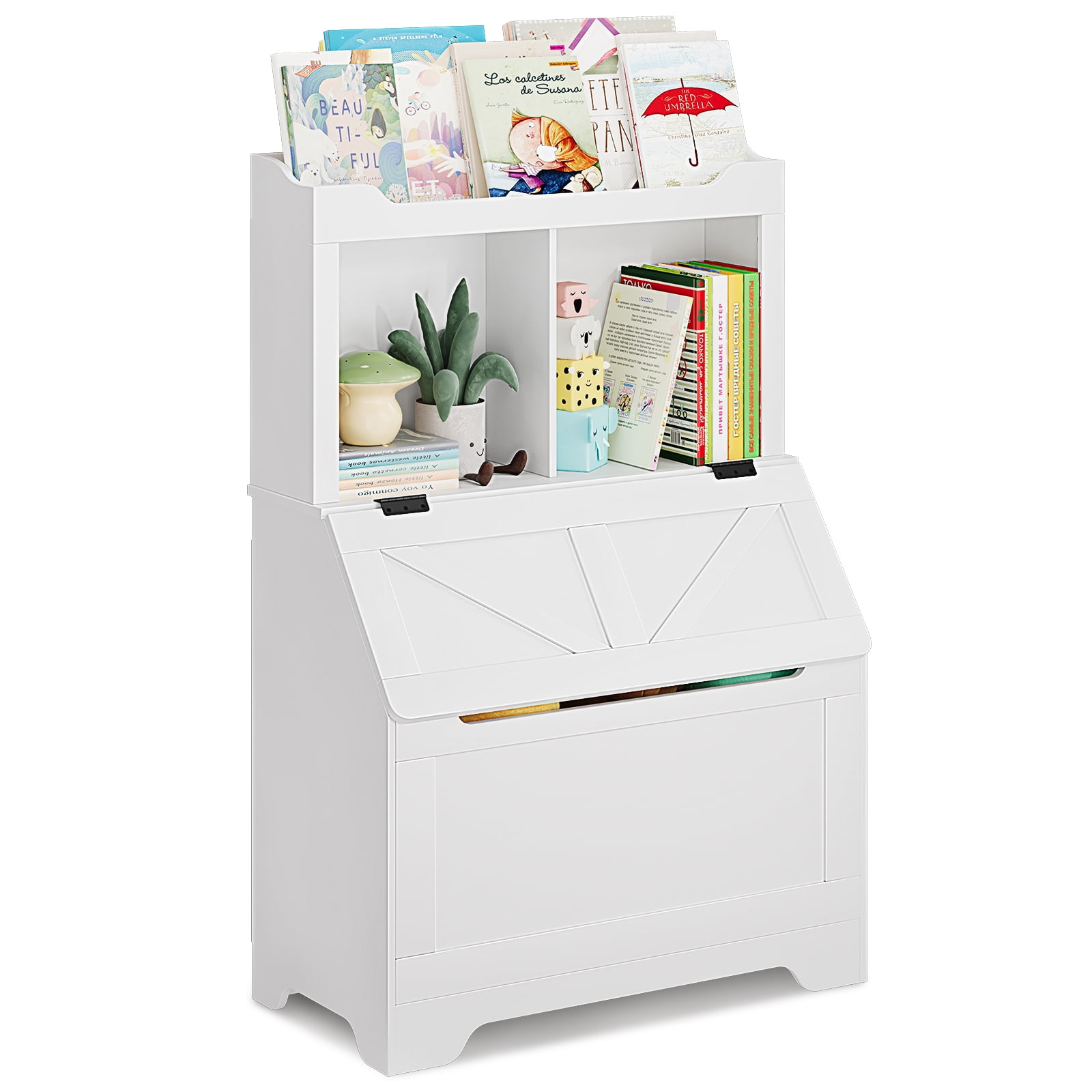 AOILE Kids Toy Organizer and Bookshelf with Flip-Top Chest, Wooden Storage Cabinet with 2-Cubby & Bookshelf