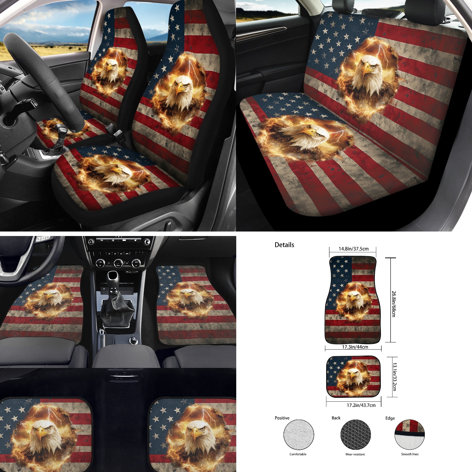 Jeiento Eagle Car Seat Cover Full Set Car Floor Mats American Flag Steering Wheel Cover Cool Flame Seatbelt Pad Armrest Cover Cup Coaster Keychains Universal Auto Interior Accessories Set 17 Pack