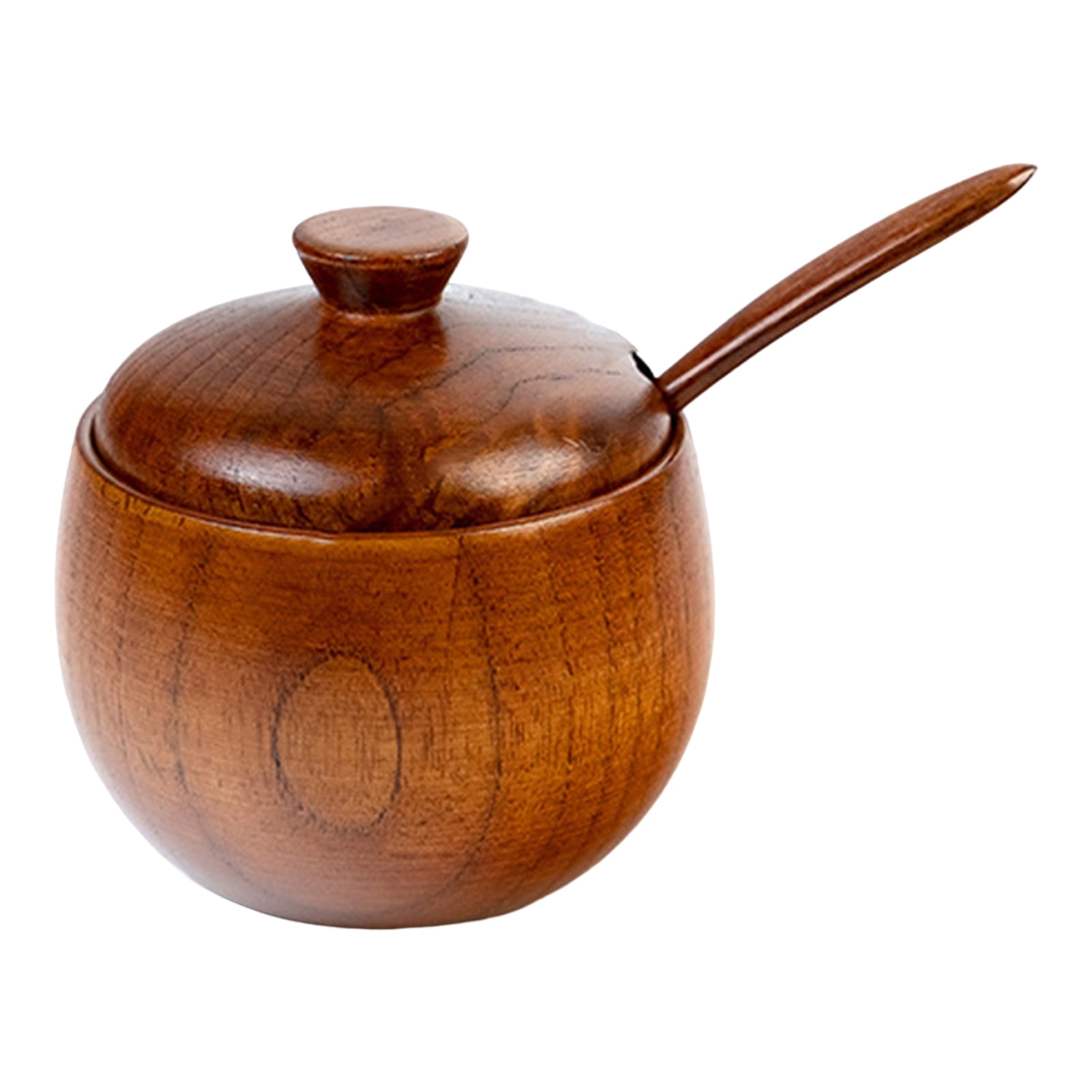 VEAREAR Spice Jar with Spoon Lid Vintage Dustproof Wooden Salt Cellar
