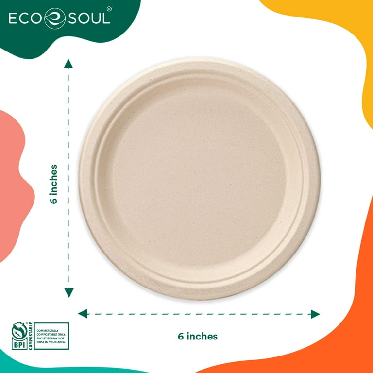 GreenWorks 100 Count 6“ Compostable Dessert Plates, Heavy-duty Unbleached  Biodegradable Bagasse and Bamboo fiber Paper Plates