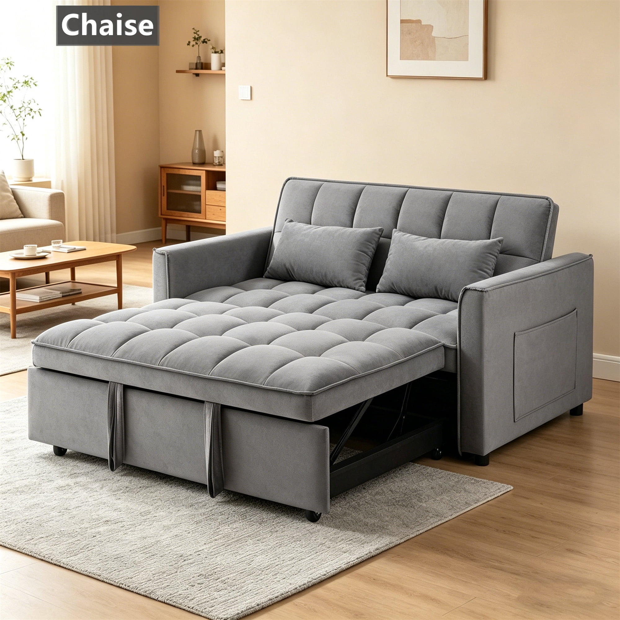 Aukfa 54" Chaise Futon Convertible Loveseat Sleeper Sofa, 2Pillows, Full Size, Velvet, Dark Gray