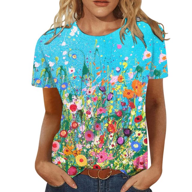Camiseta de manga corta suelta con cuello redondo y estampado informal de verano a la moda para mujer Pompotops hkajfhjk465915
