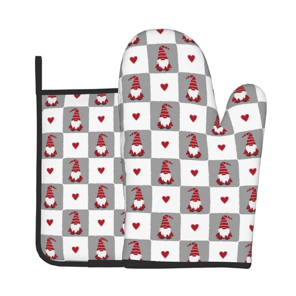 Xecao Gnomes and Hearts Pattern Oven Mitts and Pot Holders Sets Heat Resistant Silicone Oven Mittens Extra Thicken Long Kitchen Cotton Oven Glove for Cooking