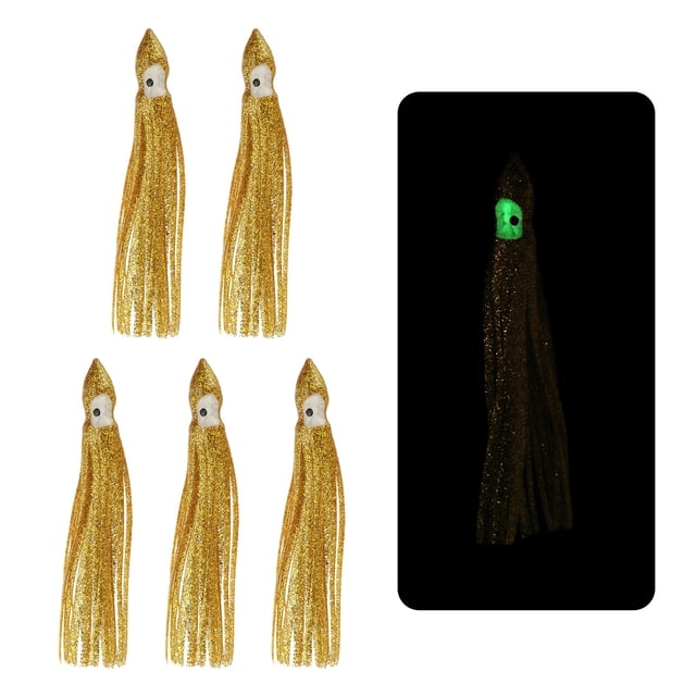 Cebos de pesca de calamar brillantes de plástico blando para trolling, adecuados para pesca de lubina, trucha, salmón y agua salada, color oro, 5 pulgadas