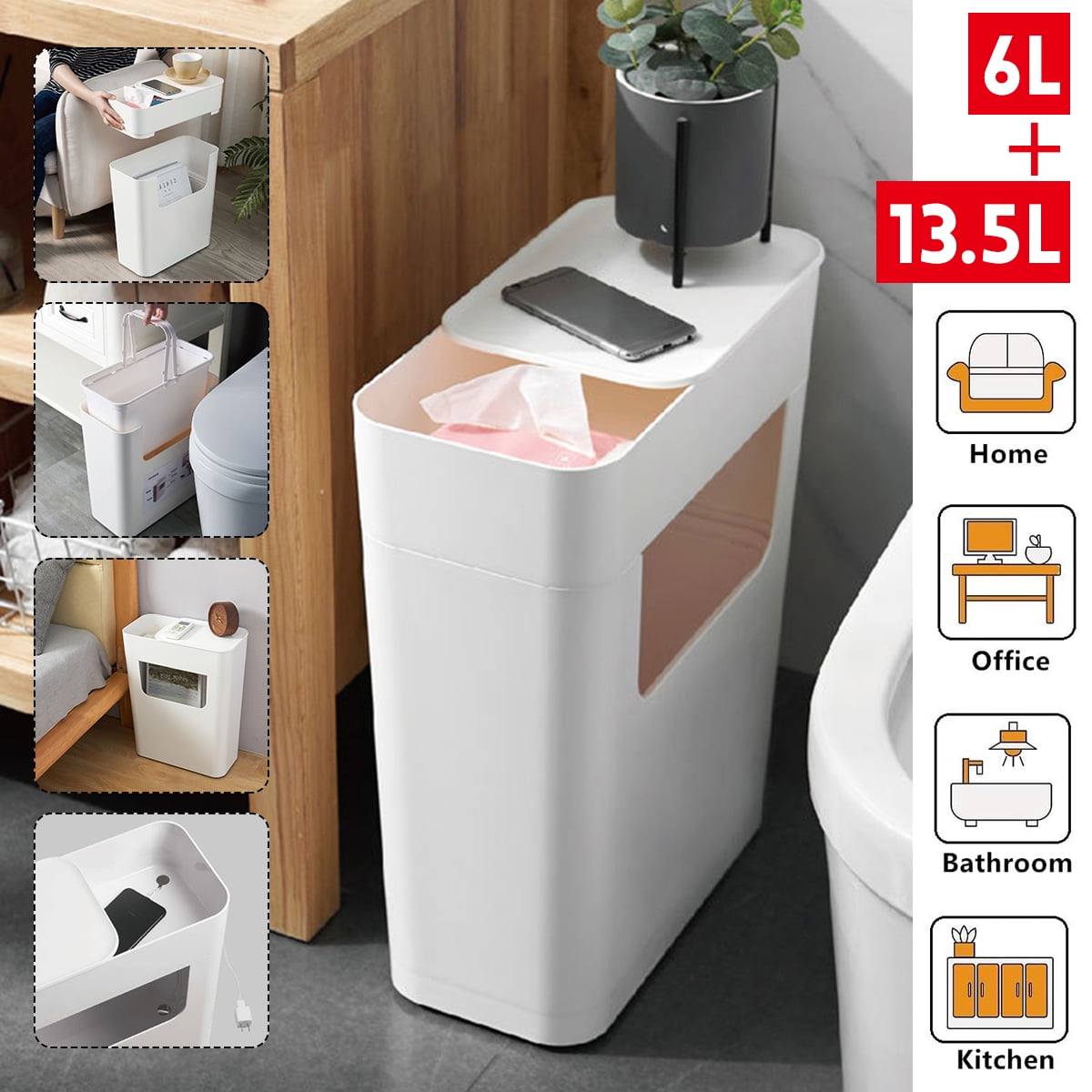 2 in 1Trash Can Garbage Bin 13.5L+3L Detachable 2Tiers Storage Organizer Box + 4 Wheels for Home Office Toilet Living Room, 19.3x13.7x8.7inch