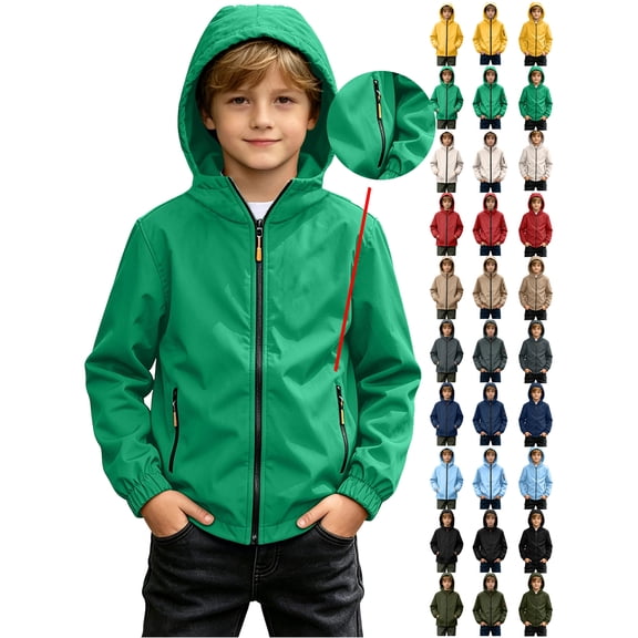 Kids Boys Outdoor Waterproof Hooded Jacket Solid Color Long Sleeve Zip-Up Coat with Pockets