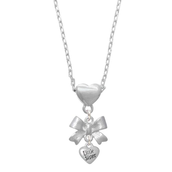 Delight Jewelry Silvertone Mini 3-D ''Little Sister'' Heart Silver tone Bow Heart Necklace