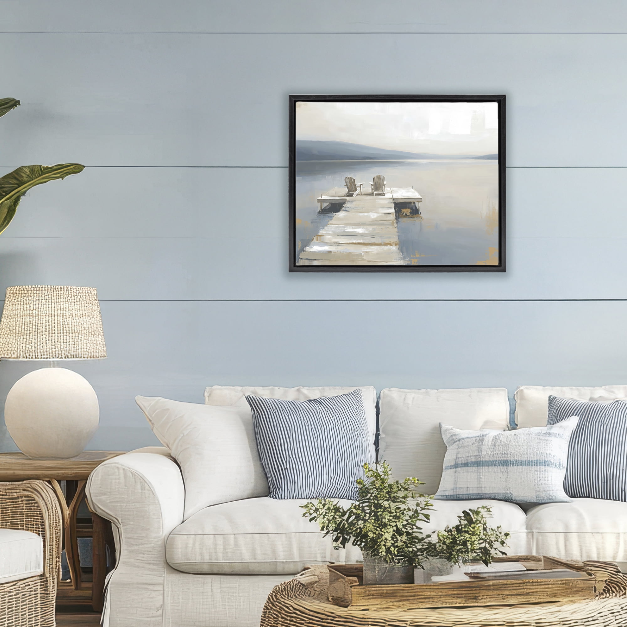 Stupell Industries Adirondack Chairs on Pier Black Framed Floater Canvas Wall Art, design by Kim Curinga
