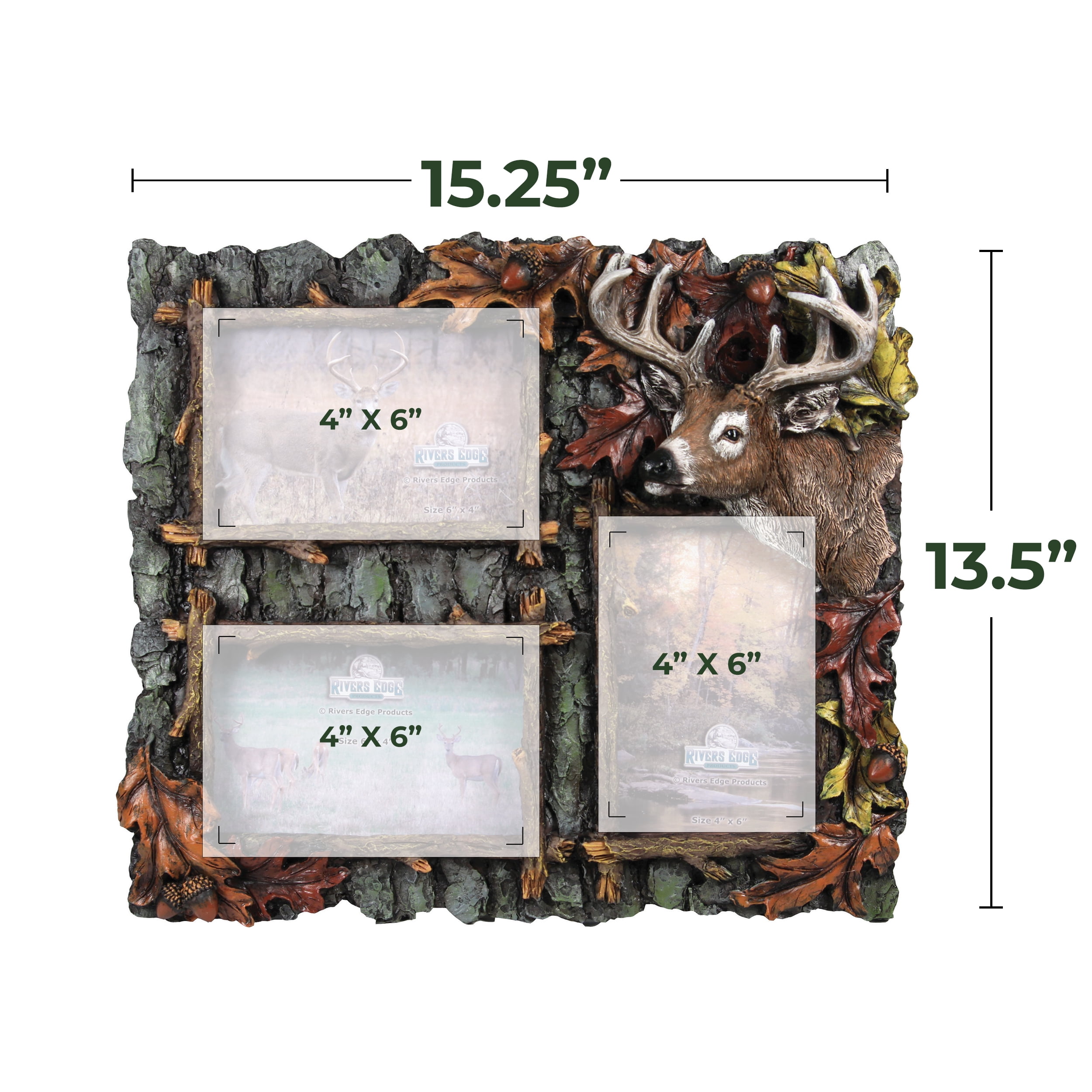 Rivers Edge Products 15.25 in x 13.5 in Multi Photo Frame for Three 4x6 Photos, Rustic Poly Resin Deer Picture Frame, Wall Hanging or Tabletop, Includes Glass Insert, 3-Picture Deer