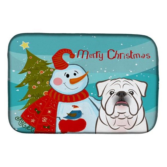 Snowman With White English Bulldog Dish Drying Mat