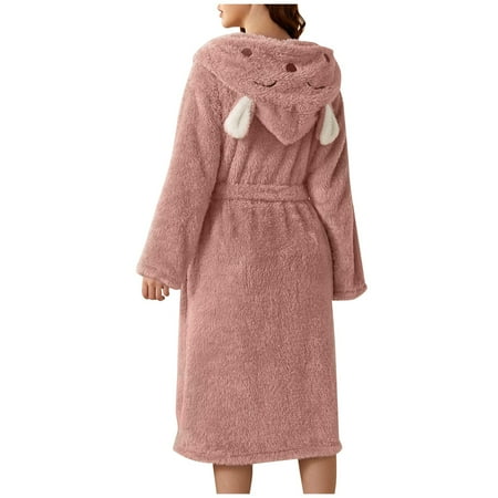

HGWXX7 Women s Sleepwear Womens Double Pocket 3d Ear Hooded Flannel Bathrobe Soft And Warm Double-Faced Velvet Bathrobe Pajamas And Home Wear S