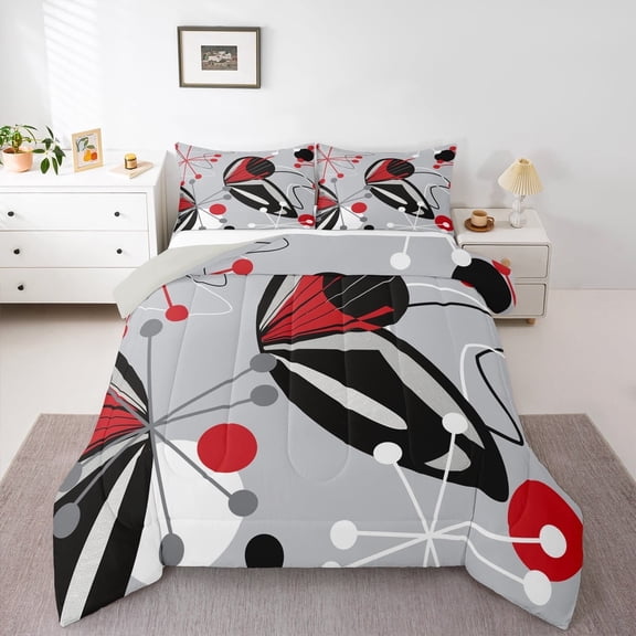 jejeloiu Abstract Geometric Bedding Comforter Set,Geometric Circle Dot Twin Comforter Sets,Red Black Gray Bedding Set For Men Women,Breathable Home Decor Reversible,2pcs