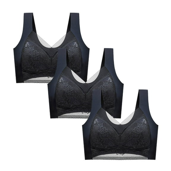 YWDJ Comfort Bras for Women 3 Pack Back Closures Comfy Bras No Wire Sports Bras Wide Strap Full Coverage Bras Push up Low Support Hollow Bras Padded Plus Size Lace Bras Comfy Wrap Solid Bras Black XL