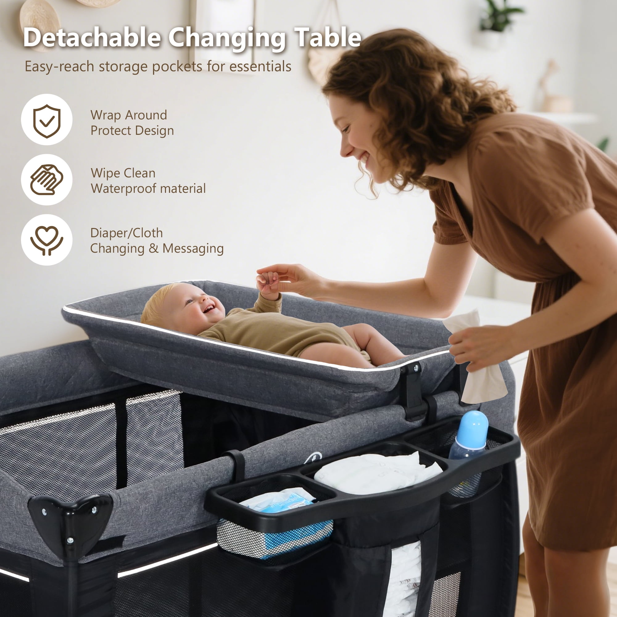 LINLUX Pack and Play w/ Bassinet & Changing Table, Baby Playard for Toddler, Newborn Crib Baby Bed,Black