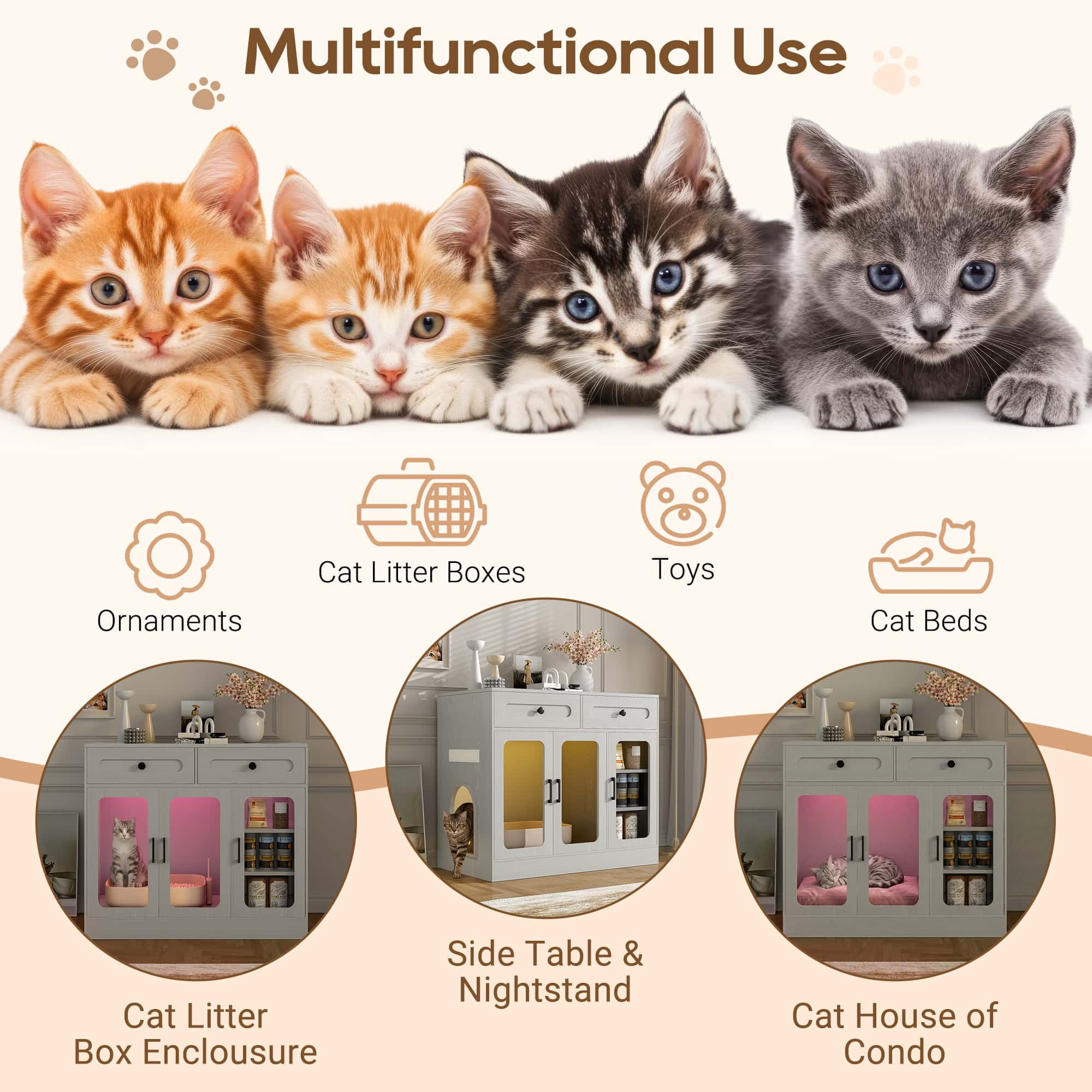 Cat Litter Box Enclosure with Glass Door and Side Access, Hidden Kitty Cabinet with Storage Drawers and Built-in Light, Indoor Cat House Side Table, Light Gray