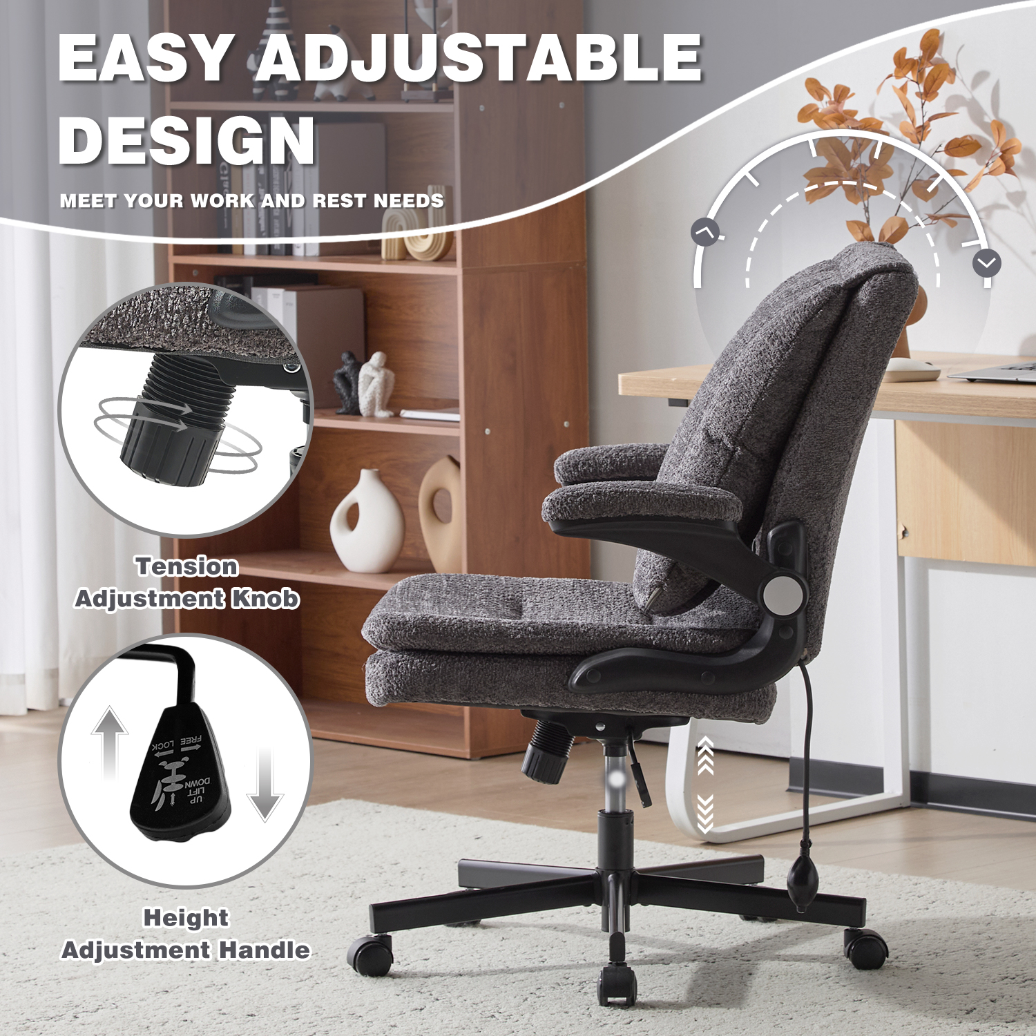 Wide Criss Cross Chair with Flip Up Back Cushion and Arms, Ergonomic Cross Legged Office Chair with Dynamic Lumbar Support, Upholstered Swivel Rolling Vanity Chair for Customized Comfort