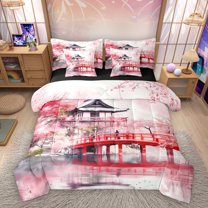 Homewish Japan Bridge Architecture 7 Pieces Bedding Comforter Set,Cherry Blossom Sakura Full Bedding Set,Pink Red Fitted Sheet Flat Sheet For Adults,Ultra Soft Home Decor Reversible
