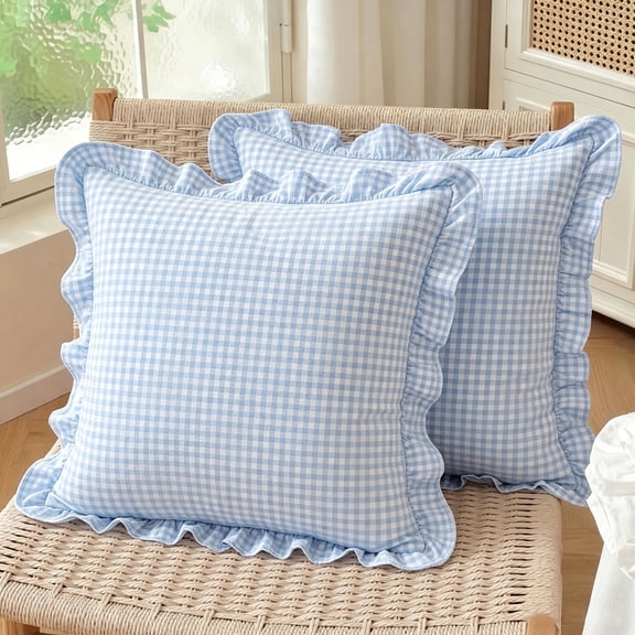 18 x 18 Inch French Country Light Blue Gingham Ruffle Throw Pillow Covers with Frill Edge, 2 Count