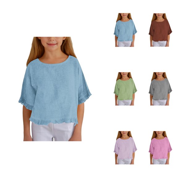 Girls Ruffle Sleeve T-Shirts Summer Short-Sleeve Casual Cute Crewneck Tops 5-14 Years