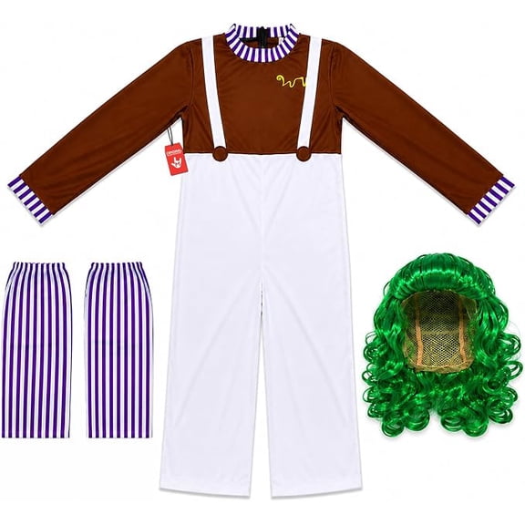 Morph Chocolate Factory Worker Costume for Men, Striped Jumpsuit, Dungarees and Green Wig, Adult Halloween Costume for Group Themed Parties