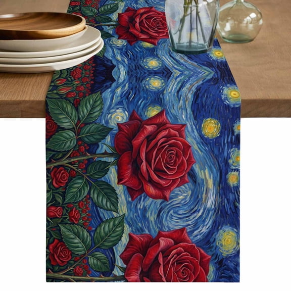 Table Runners 120 Inches Long Dress Scarves, Roses Starry Sky Farmhouse Coffee/Dining/Kitchen Table Decor Table Runner for Living Room, Artwork Painting Abstract Art 13x120 Inch