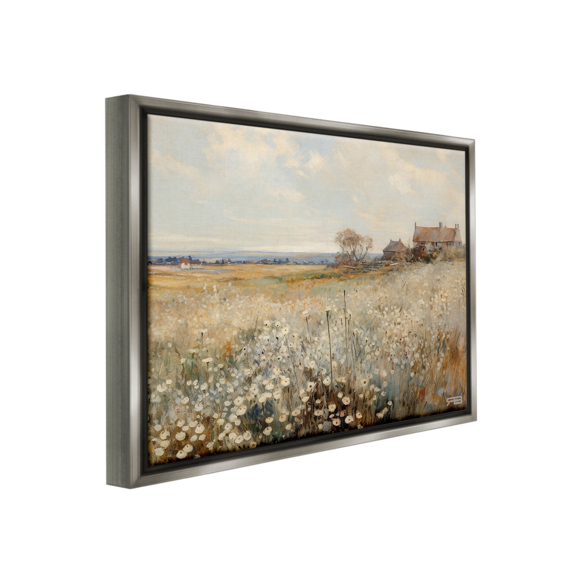 Stupell Industries Neutral Farmland Meadow Landscape Painting Gray Floater Framed Canvas Art Print Wall Art, 21 x 17