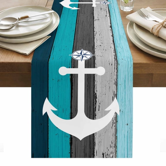 Teal Blue Anchor Coastal Table Runner - 48 Inch Long, Kitchen Dining Table Runner Dresser Scarves, Nautical Vintage Art Wooden Grey Farmhouse Decor for Coffee Tables Wedding Party Banquet