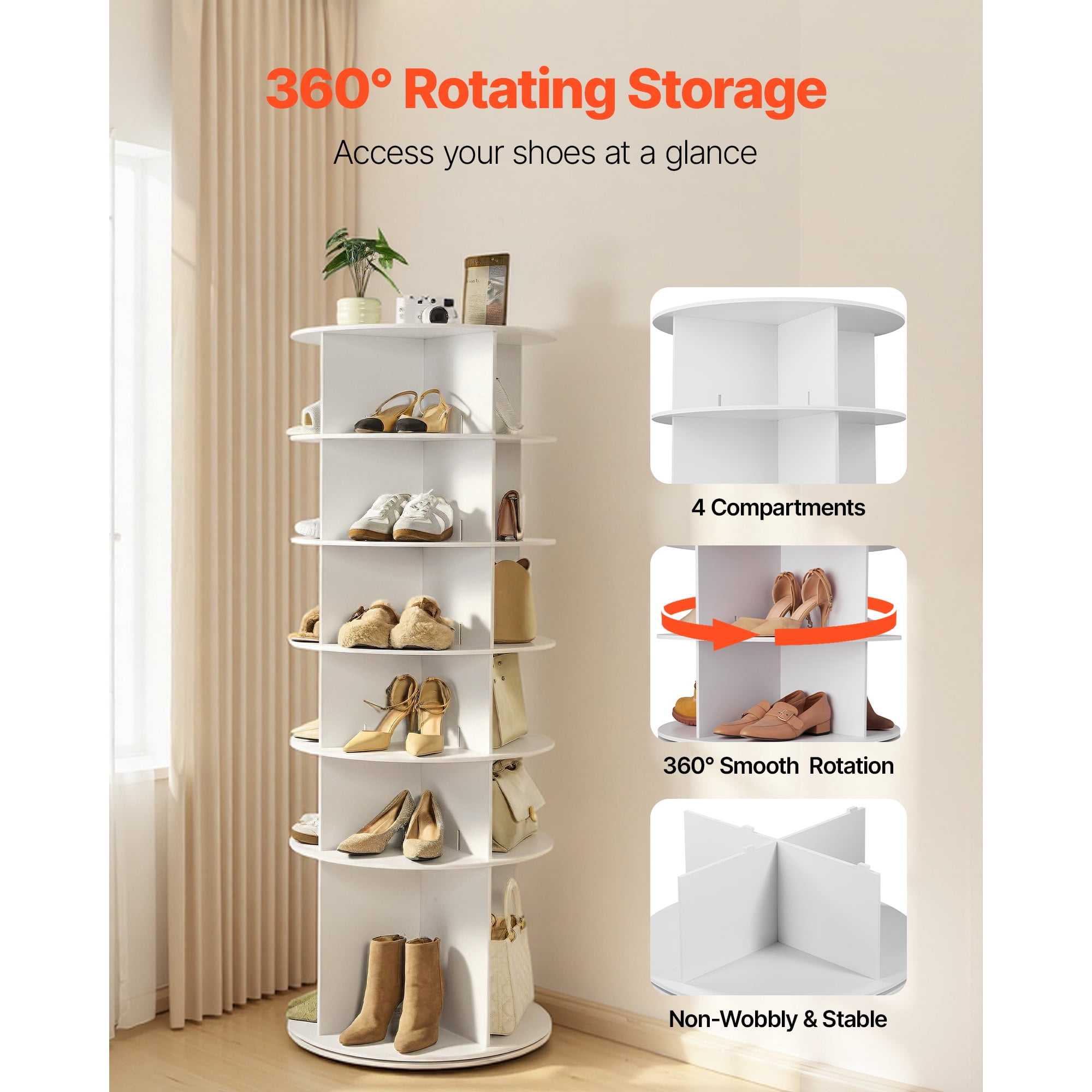 KFFKFF 6-Tier Rotating Shoe Rack Tower, 360° Spinning Organizer, Revolving Round Carousel Storage, Freestanding Display for Bedroom, Living Room, Entryway, Closet, White