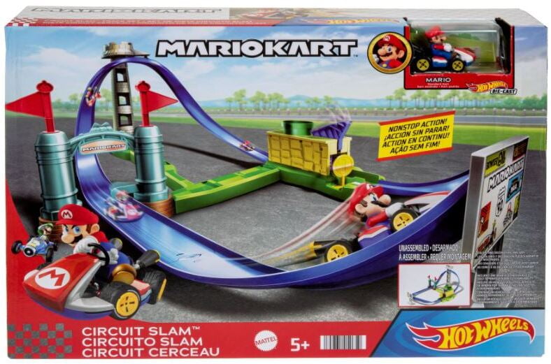 Hot Wheels Mario Kart Circuit Slam Vehicle Playsets with Mattle Blue Car Toy