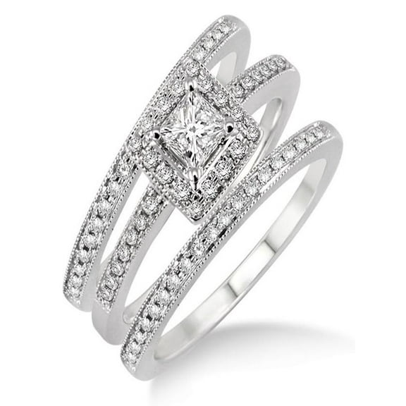 2.00 carat Antique Trio set Halo Ring with Princess Cut diamond in 10k White Gold