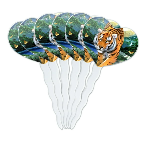 Tiger Stalking at Sunset Butterflies Heart Love Cupcake Picks Toppers Decoration Set of 6