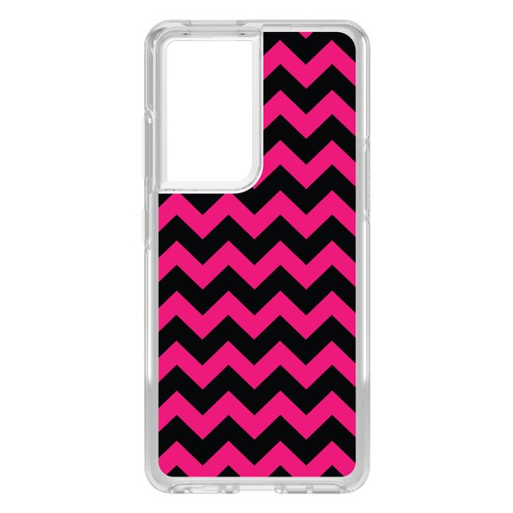 DistinctInk Clear Shockproof Hybrid Case for Galaxy S21 ULTRA 5G (6.8" Screen) - TPU Bumper, Acrylic Back, Tempered Glass Screen Protector - Black Hot Pink Chevron Stripes - Chevron Stripes
