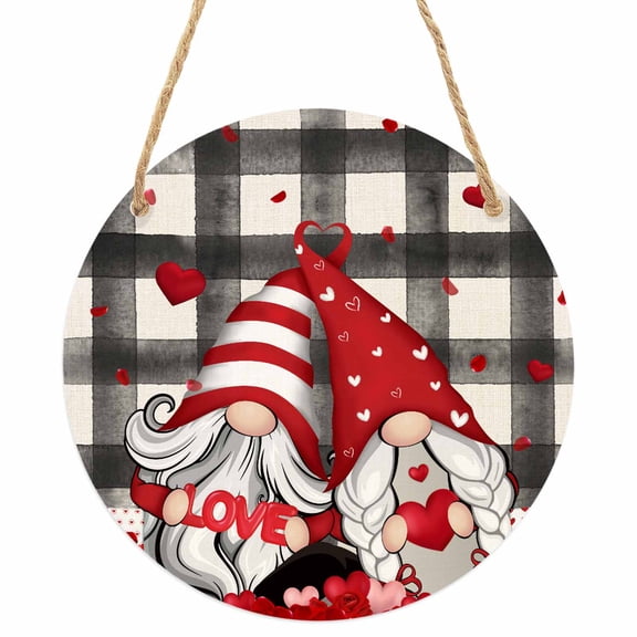 Valentine, Round Front Door Welcome Sign, 7.8 Inch Wall Hanging Decor for Indoor Outdoor, Buffalo Plaid Gnomes Love Valentine's Day Home Porch Hanger Decorations for Holiday Gift