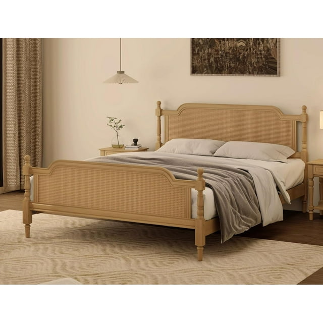 King Size Bed Frame with Rattan Headboard and Footboard, Traditional Style Solid Pine Wood Platform, No Box Spring Needed, Walnut